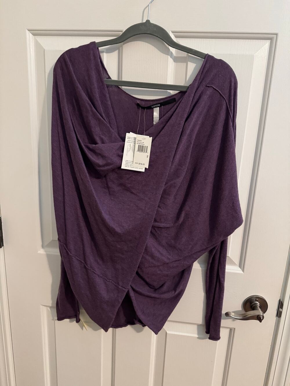 Kensie New Cotton Comfort Yoga Long Sleeve Peasant Wrap Heather Plum Purple M